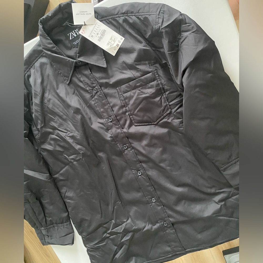 Zara Water Repellent Quilted Overshirt shirt Jacket Black button size S NWT - Picture 14 of 16
